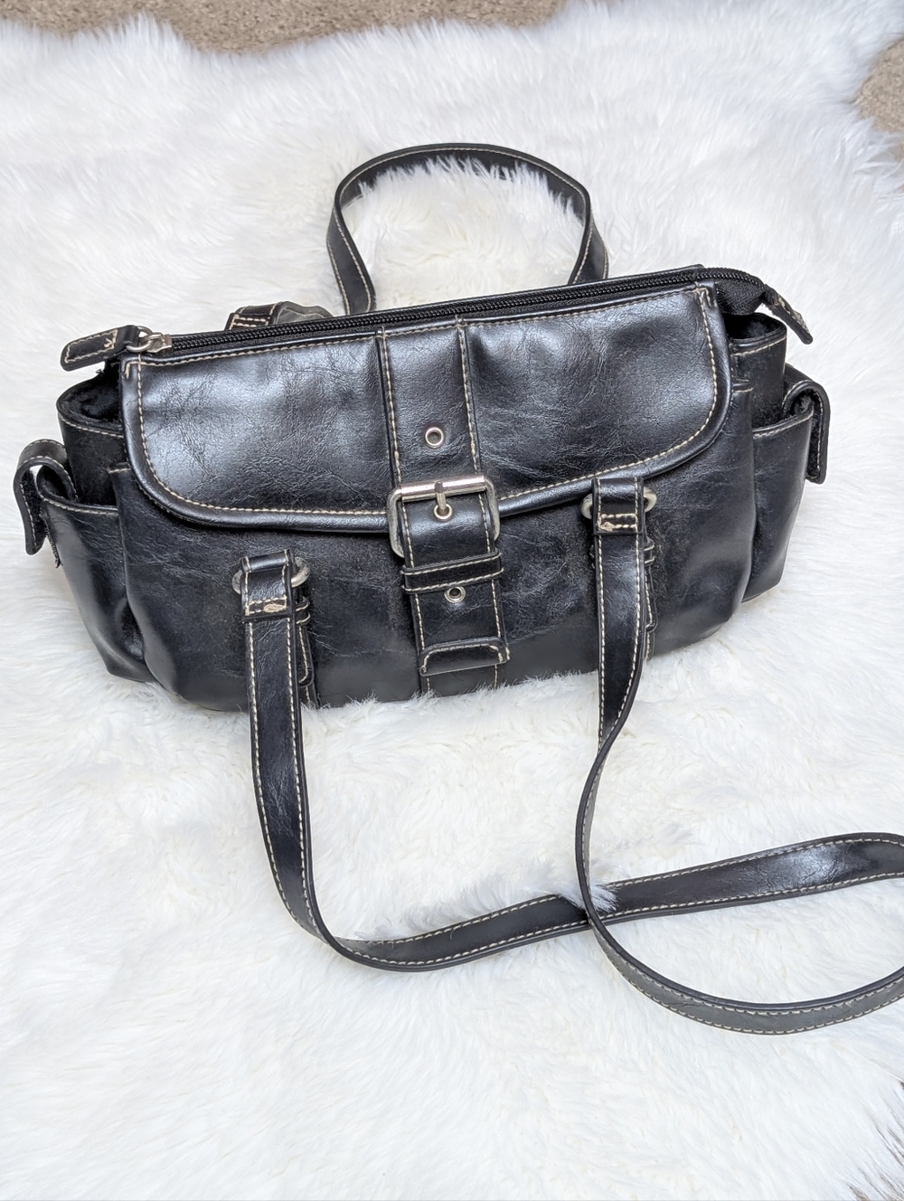 Small Black Vinyl Shoulder Bag with Buckle Detail